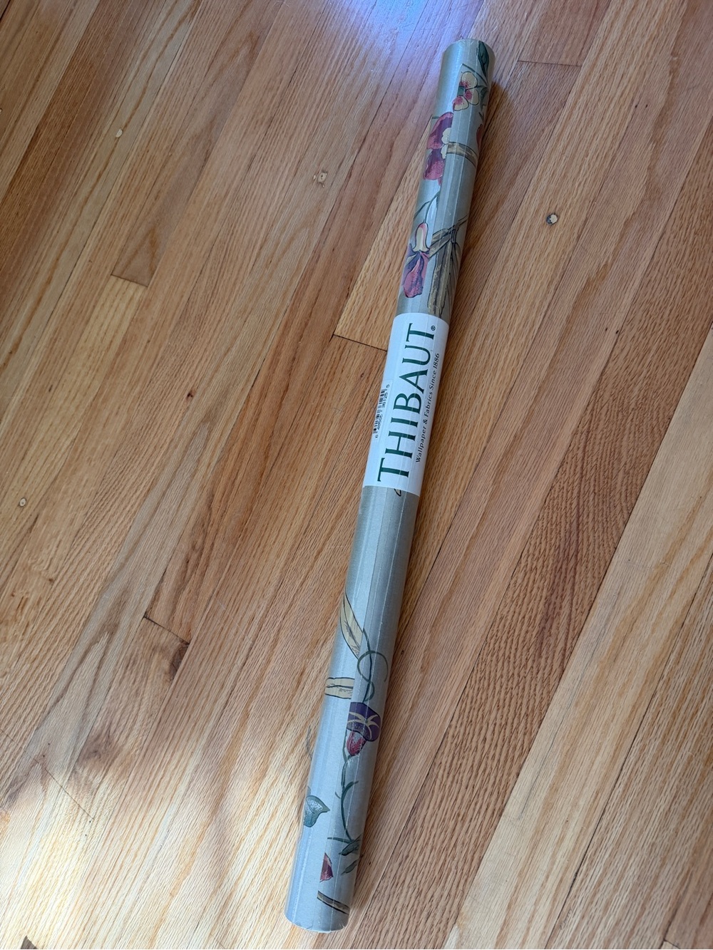 Thibaut Floral Stripe Wallpaper Roll in Light Gold with Pink Accents